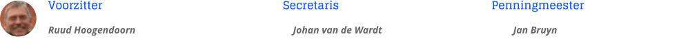 Voorzitter							Secretaris						Penningmeester Ruud Hoogendoorn						    Johan van de Wardt				                   Jan Bruyn